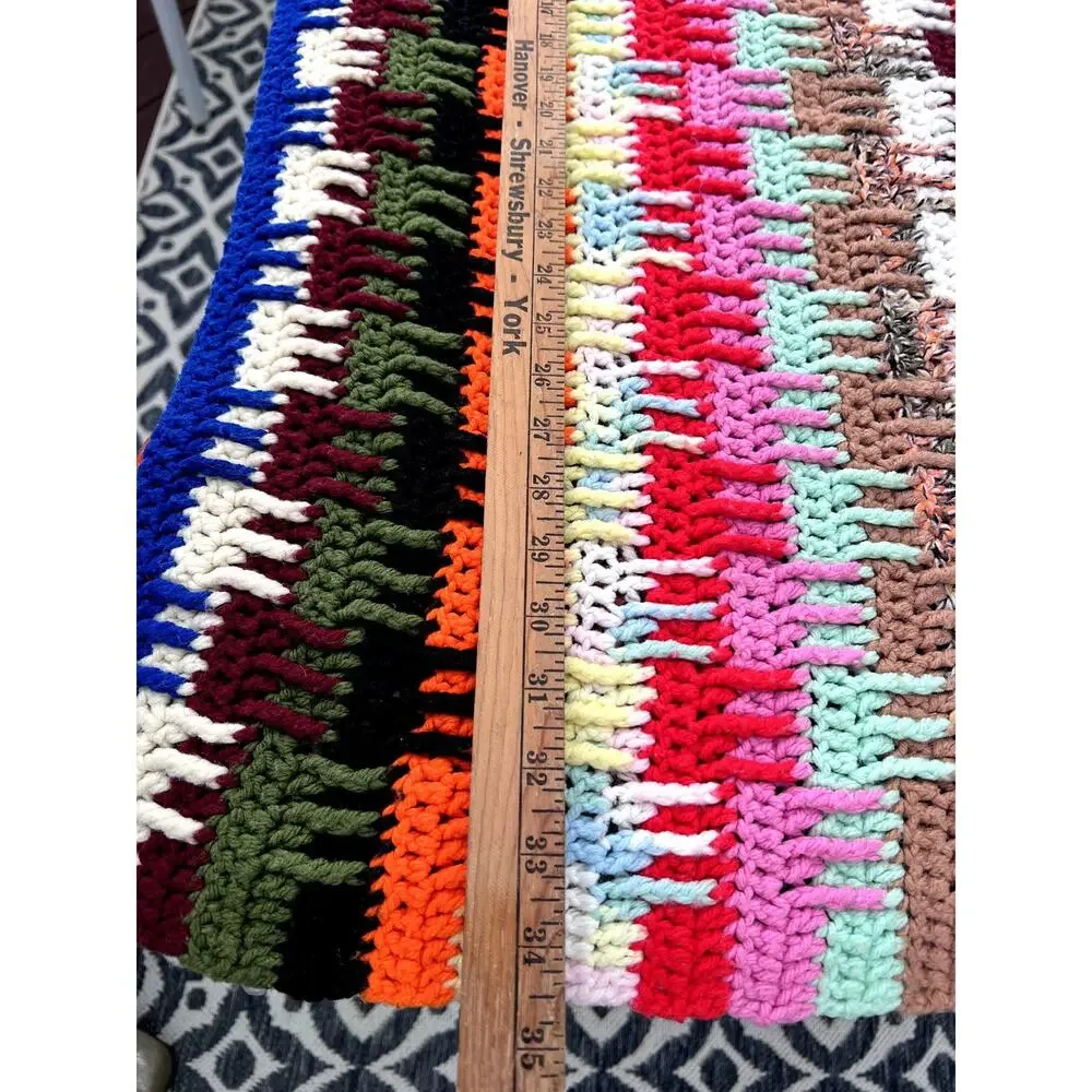 Retro Handmade Crocheted Granny Blanket Unique Rainbow Plaid Cottage Kitsch Fun
